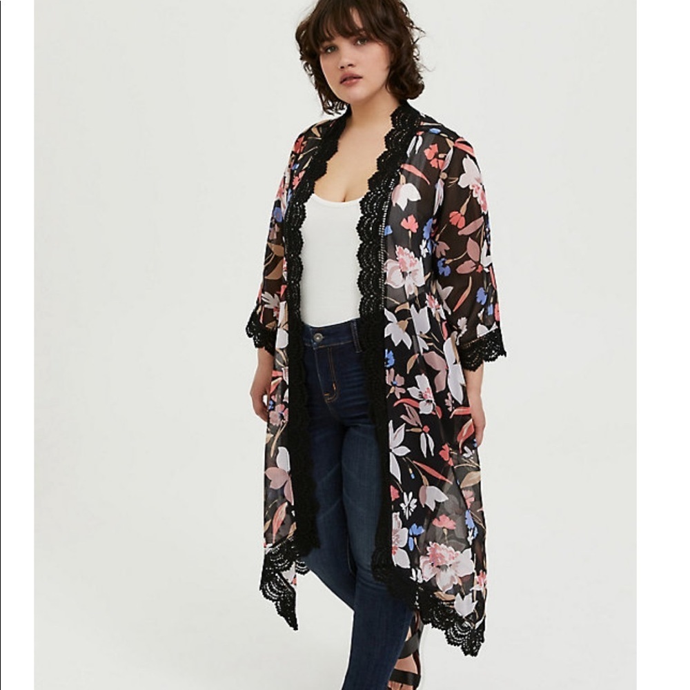 Torrid Black Floral Crochet Kimono 1/2